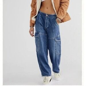 Free People All Star Pull On Jeans Women Sm. Utility Cargo Low Slung Baggy Denim